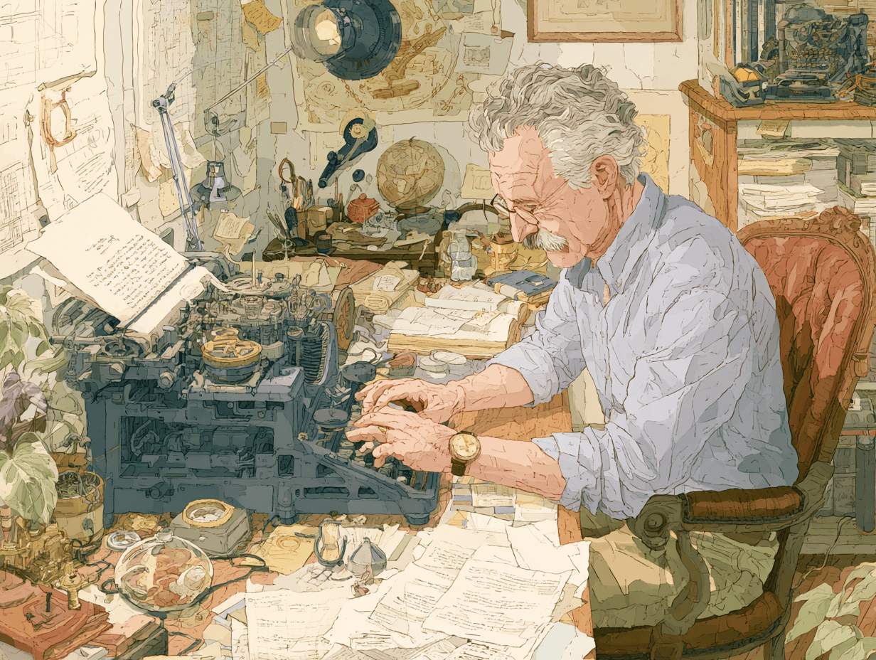 an old man typing